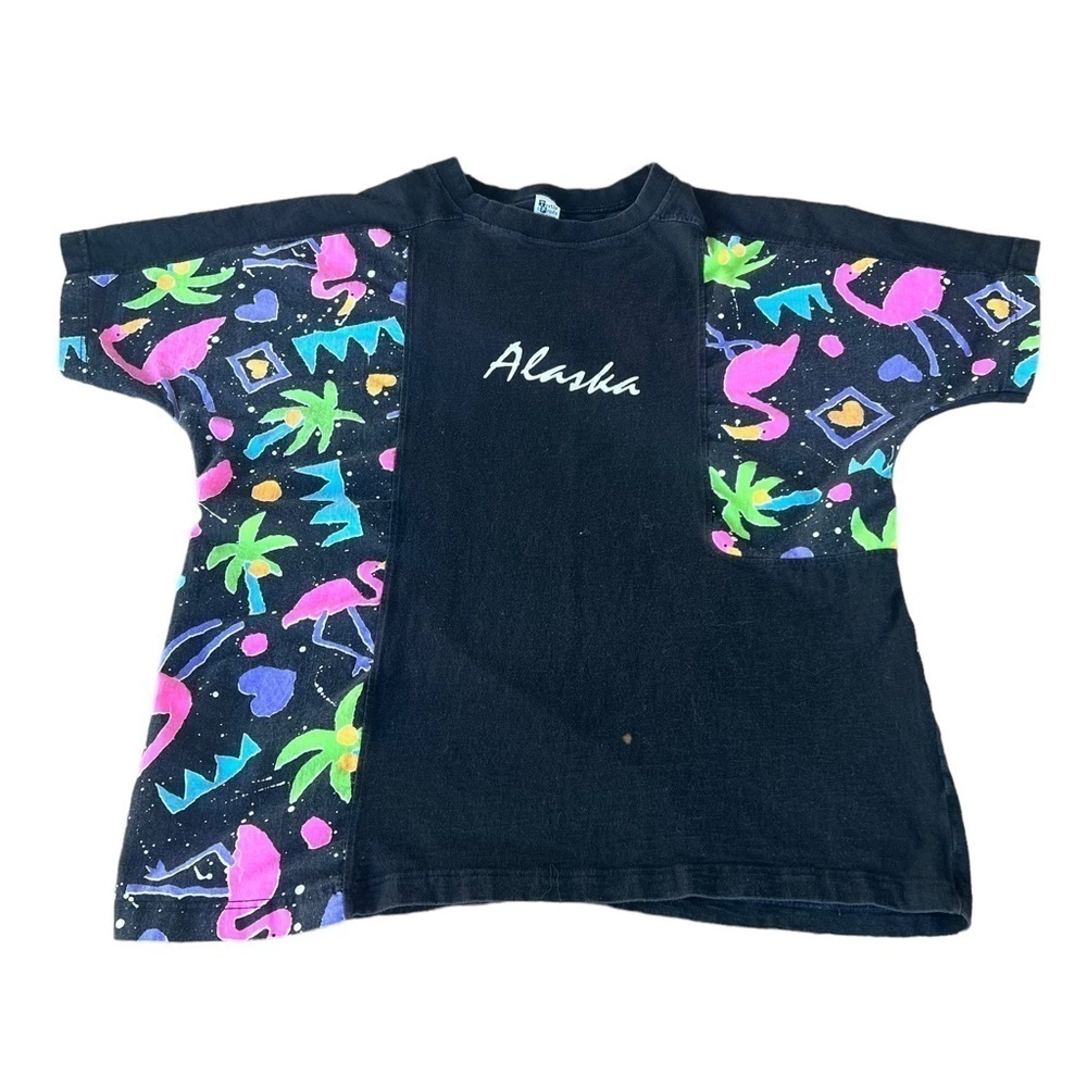 VTG Alaska Relaxed Fit TShirt Flamingo Palm Tree Heart Tropical Neon Vibe XL USA